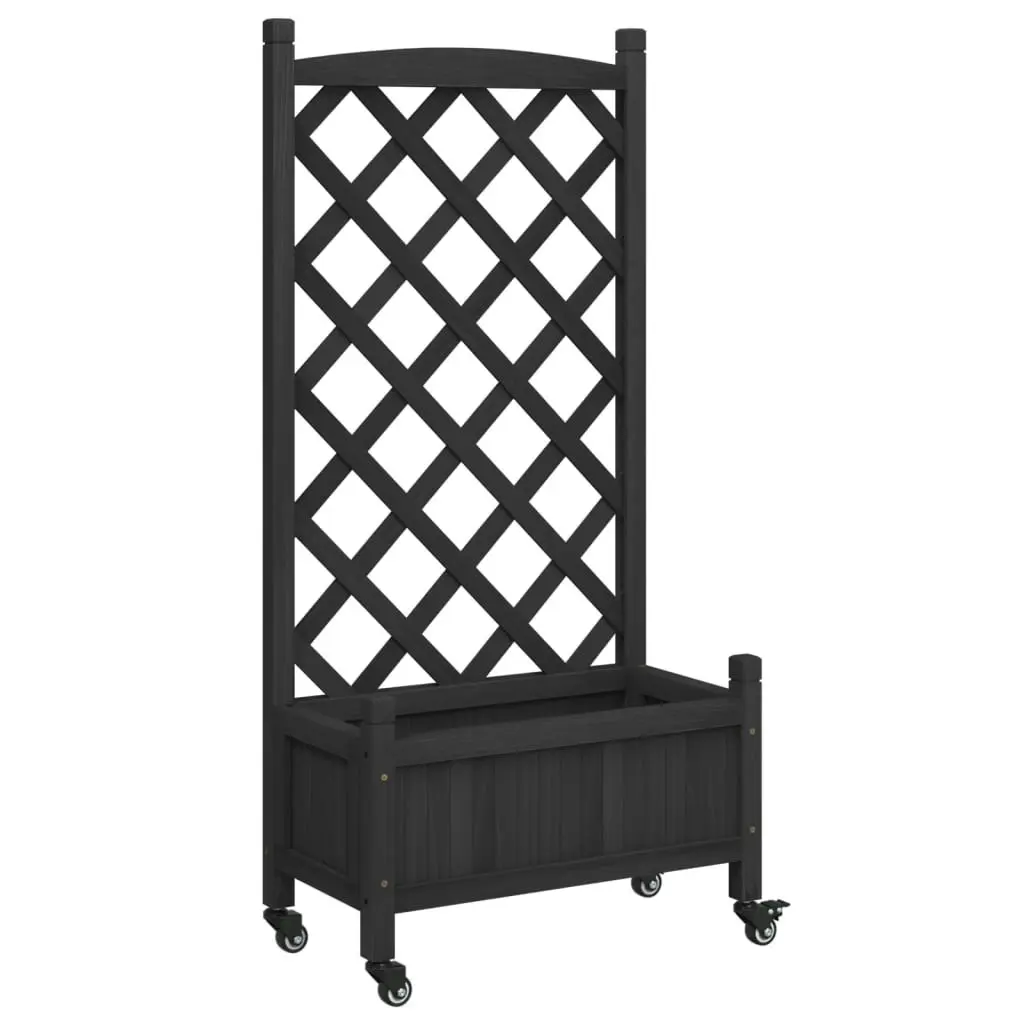 Planter with Trellis and Wheels Black Solid Wood Fir 3207649