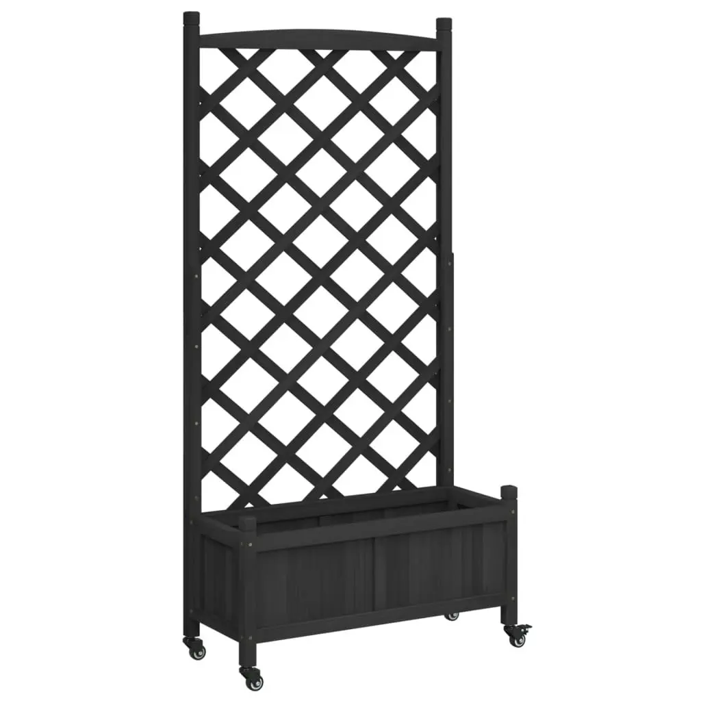 Planter with Trellis and Wheels Black Solid Wood Fir 3207652