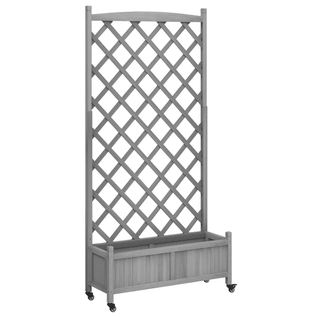 Planter with Trellis and Wheels Grey Solid Wood Fir 3207654