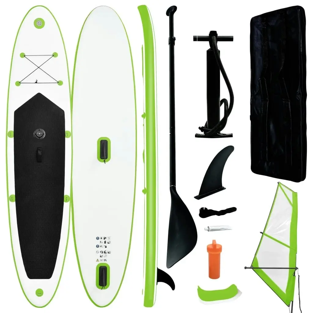 Inflatable Stand Up Paddleboard with Sail Set Green and White 92735