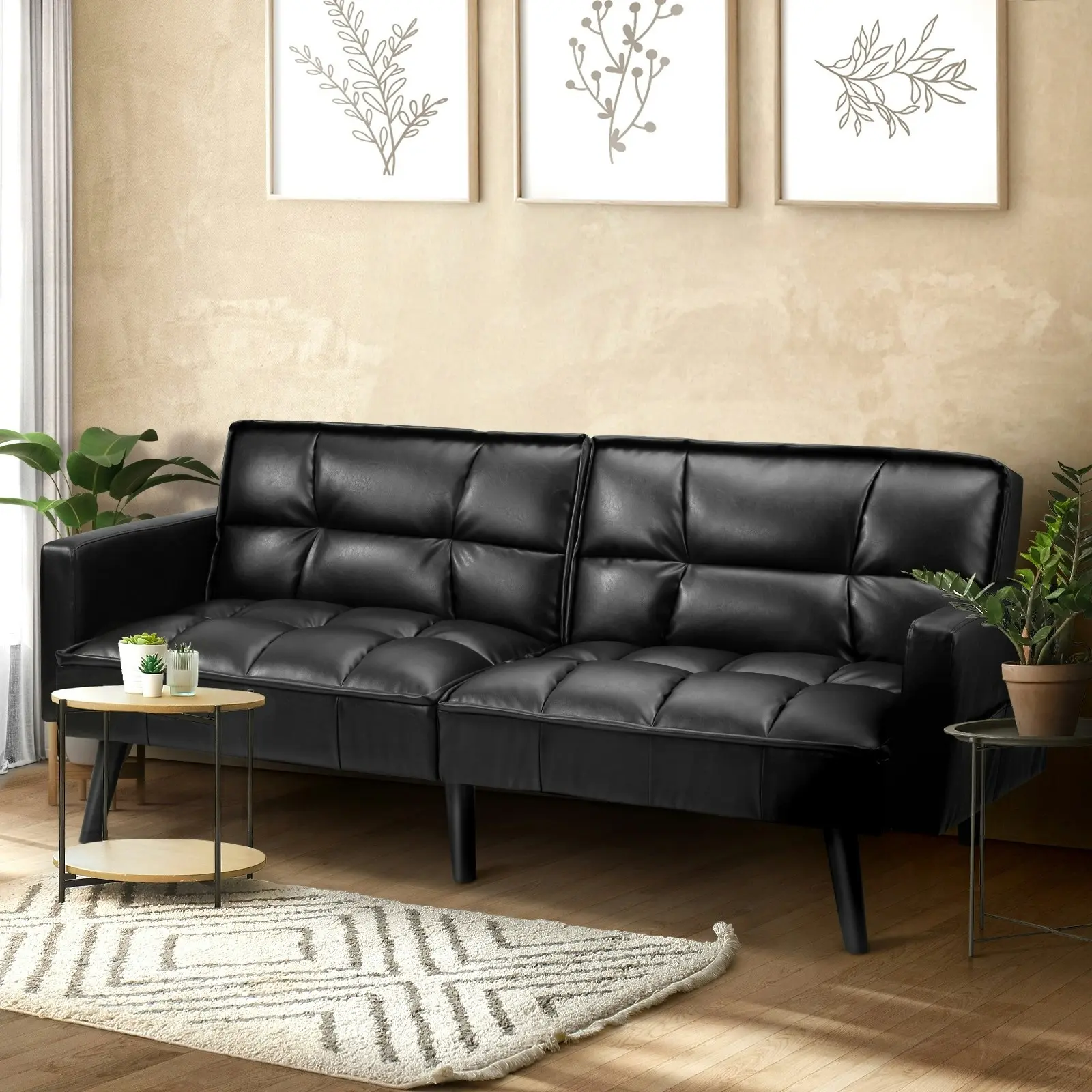 Oikiture Sofa Bed Futon Convertible Leather Lounge Couch 3-Seater Recliner Black