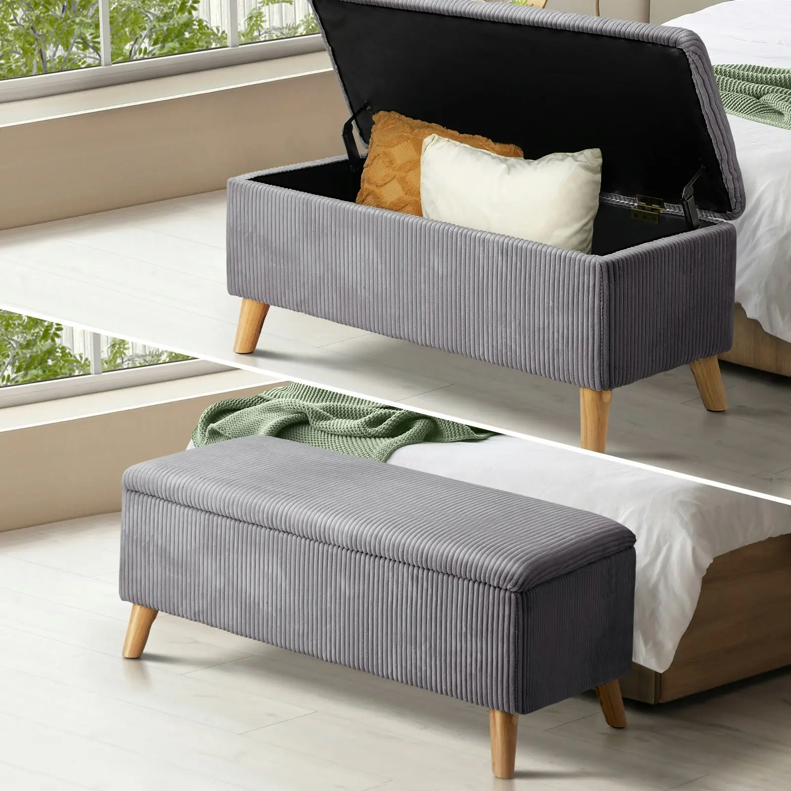 Oikiture Storage Ottoman Blanket Box Chest Toy Foot Stool LARGE Polyester Grey