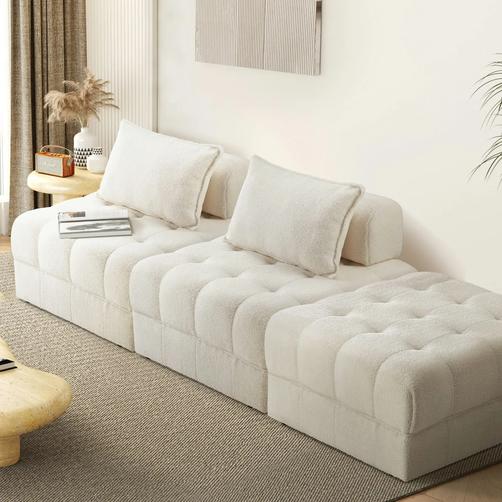 Oikiture 3 Seater Boucle Modular Sofa & Ottoman Set Armless TOFU Back White