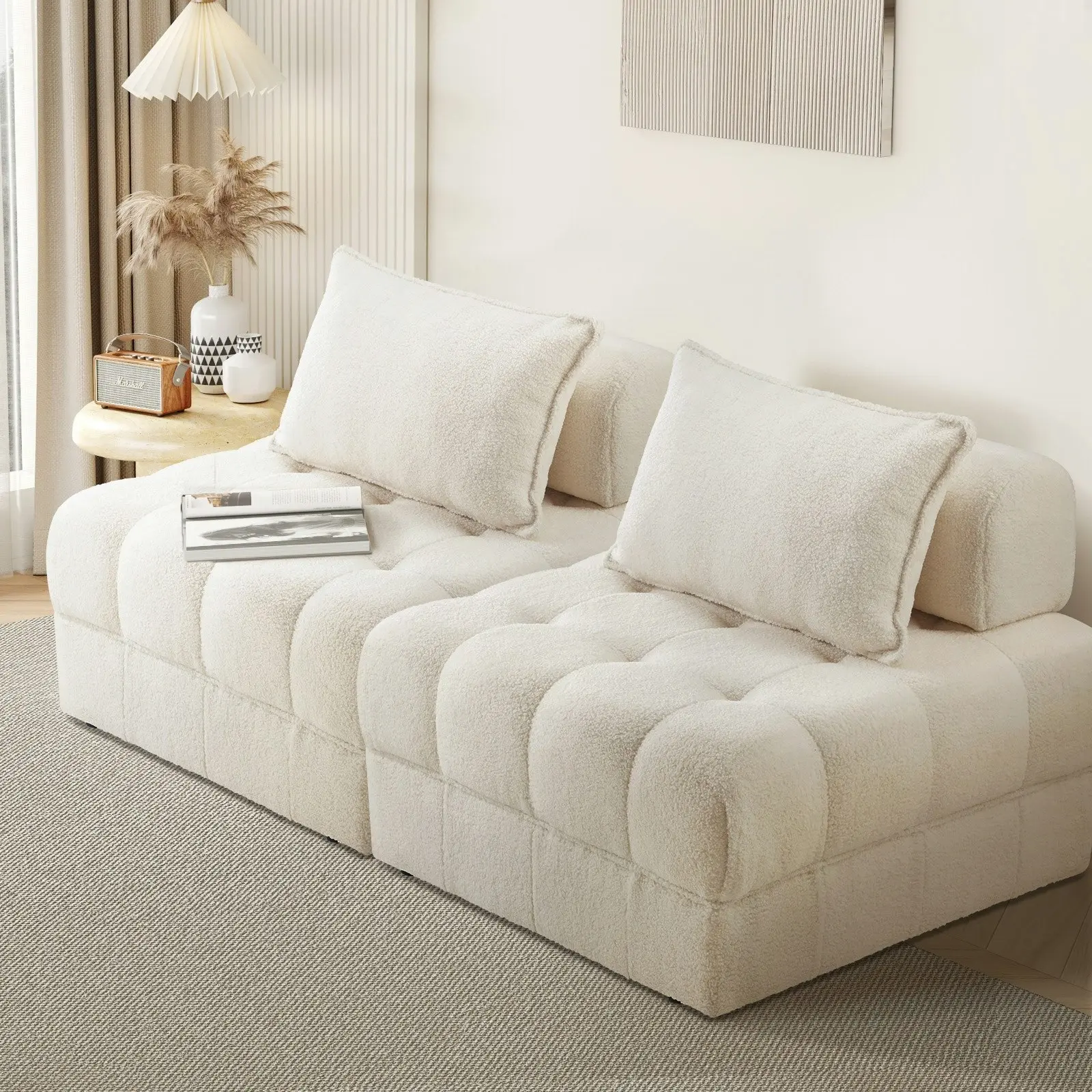 Oikiture 2 Seater Boucle Modular Sofa Lounge Chair Armless TOFU Back White