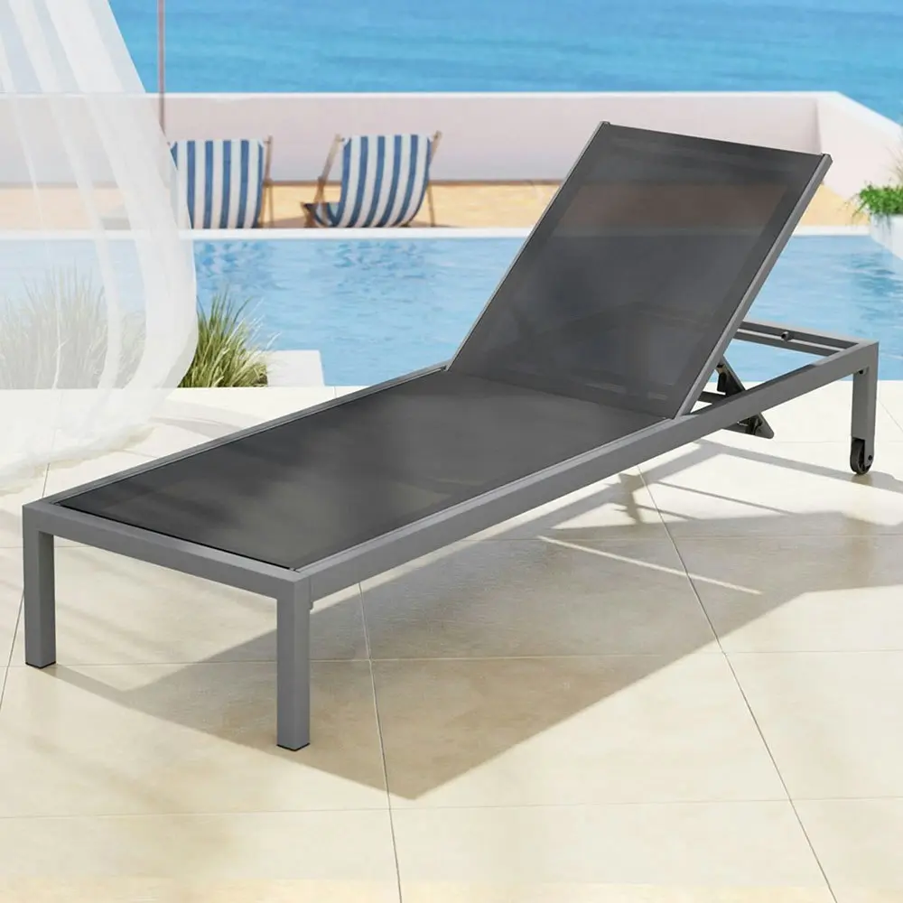 Gardeon Sun Lounge Outdoor Lounger Aluminium Folding Beach Chair Wheels Black