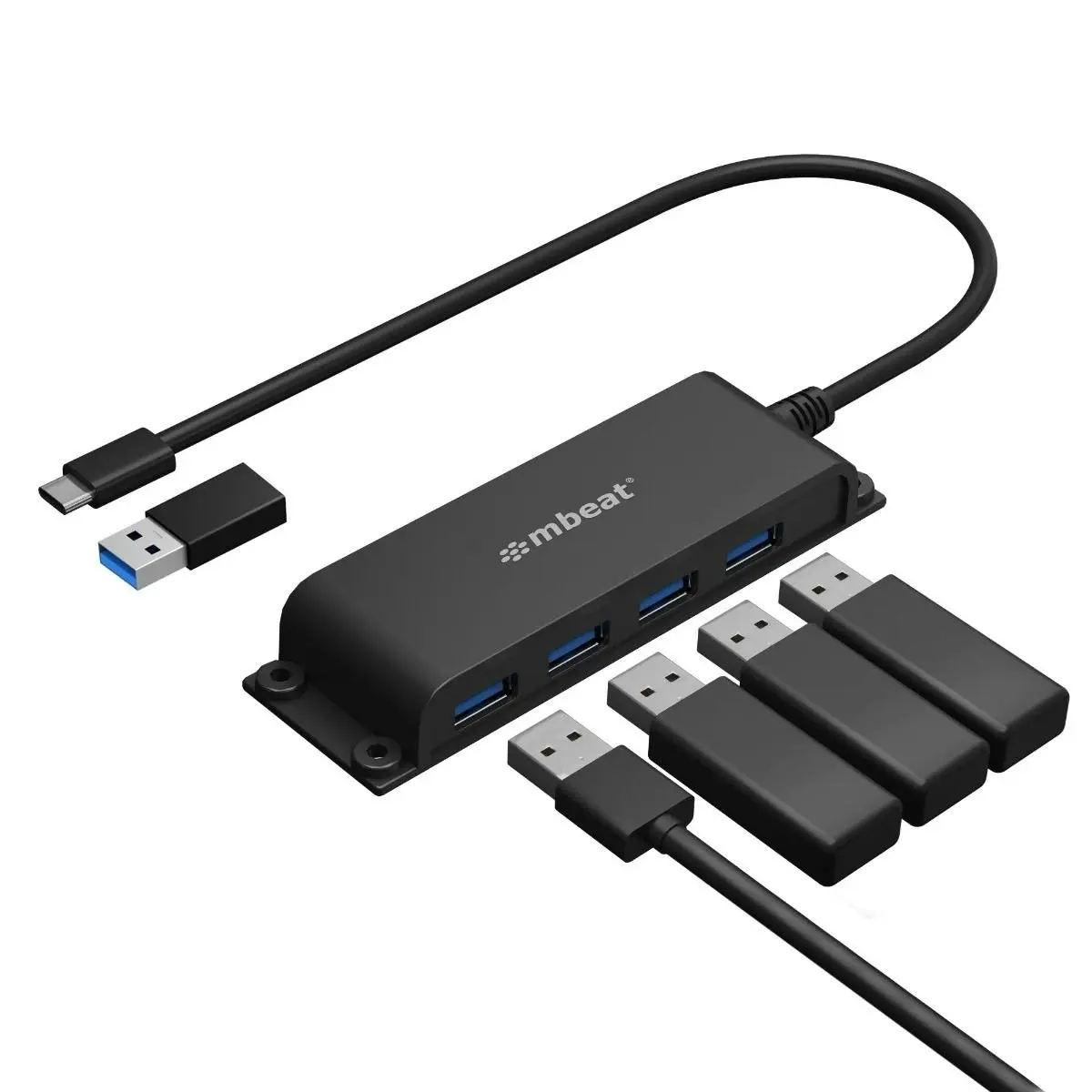 mBeat Mountable 4 Port Usb-a & Usb-c Adapter Hub - Black