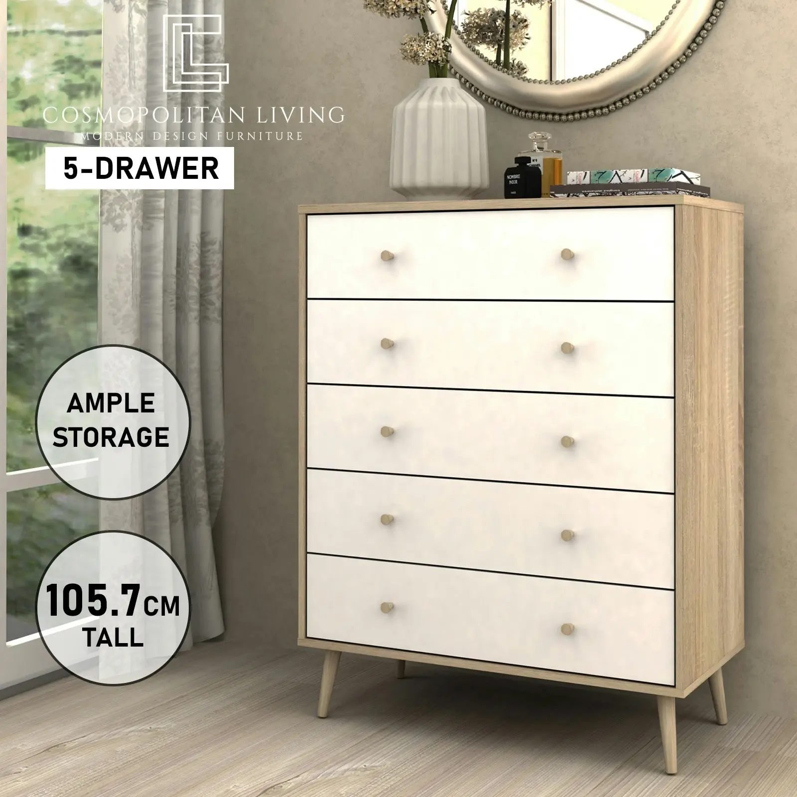 Adriana 5 Drawer Chest of Drawers Tallboy Dresser | Scandinavian Style Chest for Elegant Storage