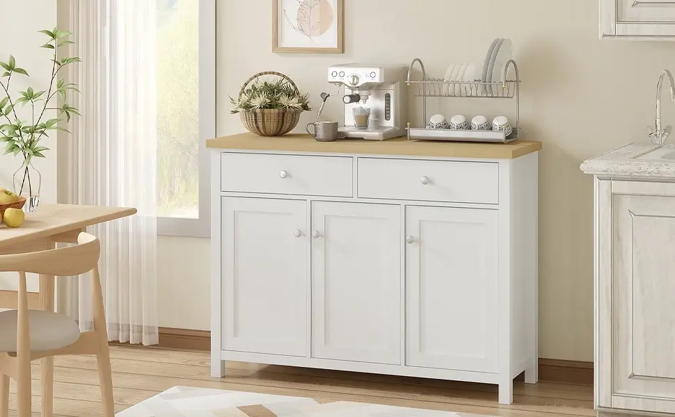 Buffet Sideboard with 2 Drawers & 3 Doors - Pine Top, White Body | Versatile Storage Solution