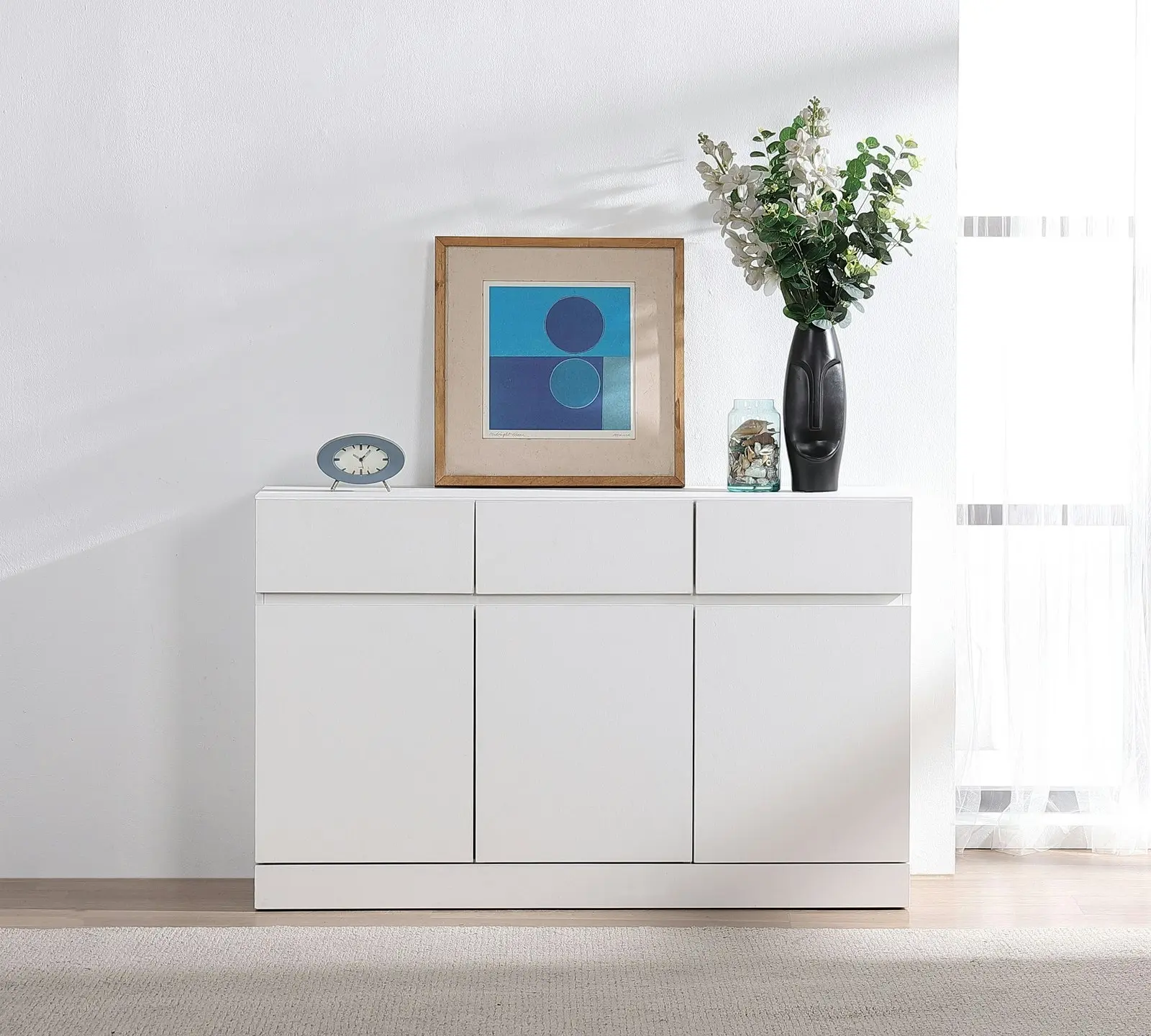 White Buffet Sideboard with 3 Drawers & 3 Doors | Stylish Hallway Storage Dresser Cabinet