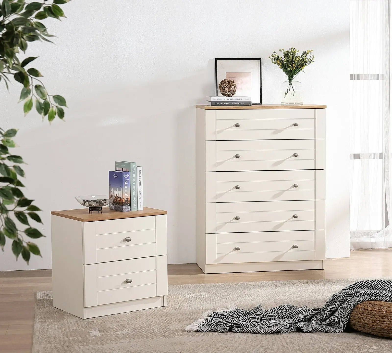 Harriet 5 Chest of Drawers Tallboy Dresser and 2 Drawer Bedside Table Set | Complete Bedroom Storage Solution