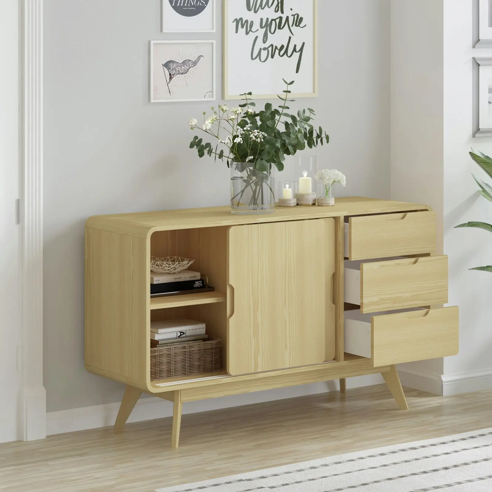 Oslo Sliding Door Sideboard Buffet Cabinet | Light Oak with Rounded Corners | Stylish Space-Saving Storage Dresser Solution