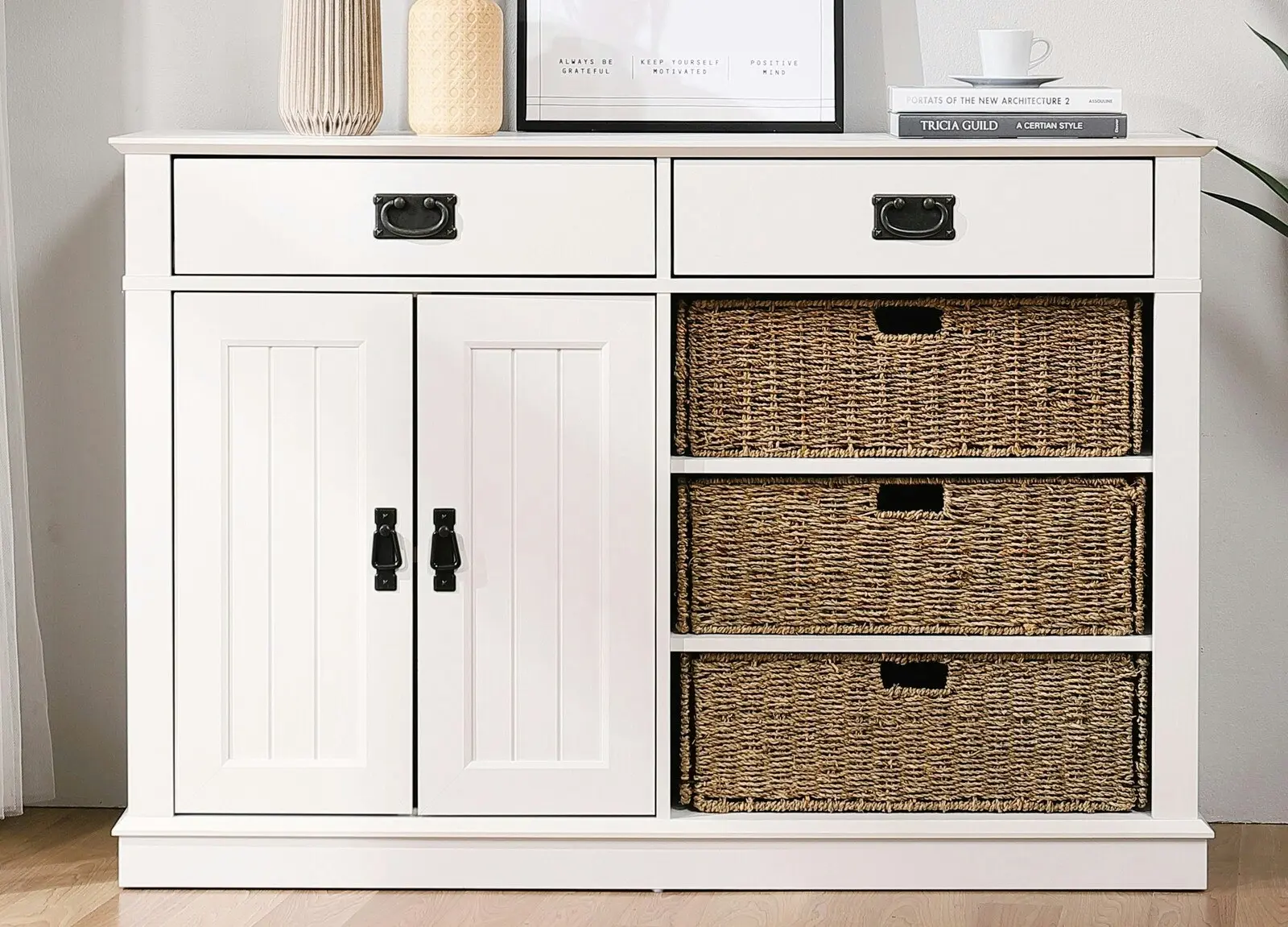 Kimberly White Buffet Cabinet 2 Drawers 2 Doors & Seagrass Baskets | Stylish Storage for Your Home