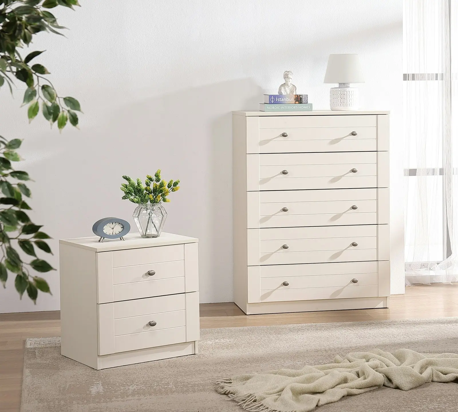 Harriet 5 Drawer Chest of Drawers Tallboy Dresser & Bedside Table Set - Elegant Bedroom Storage