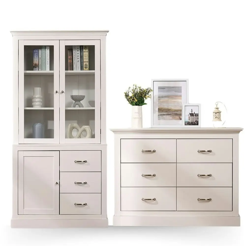 Ashford 6 Chest of Drawers Dresser White + Ashford Display Storage Cabinet