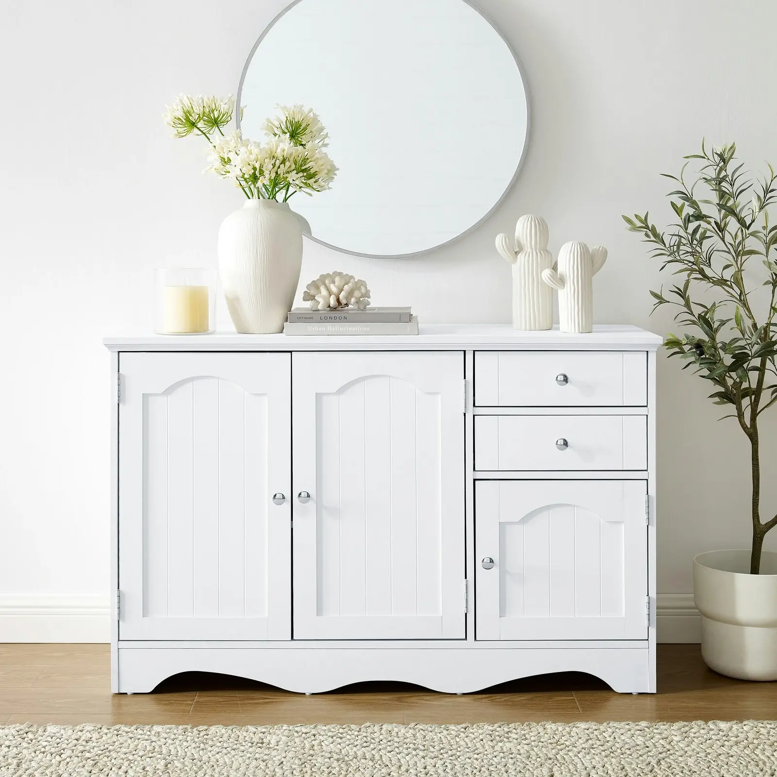 Cosmoliving Buffet Sideboard White 2-Drawer 3-Door Hallway Console Buffet Storage Cabinet