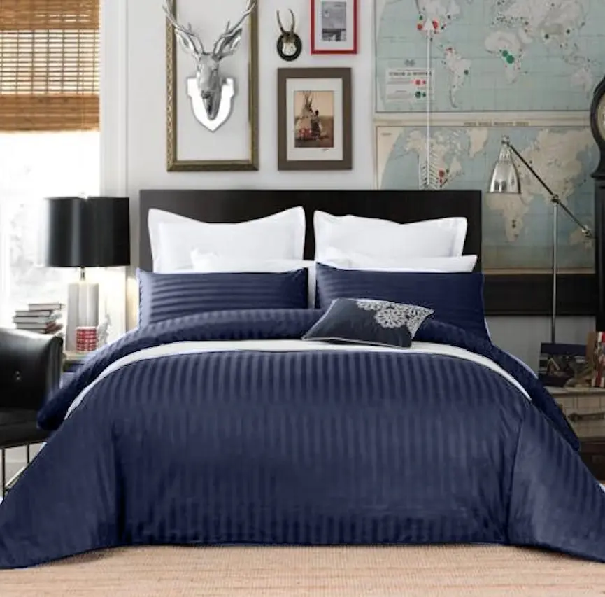 100% Cotton 650TC Sateen Striped Navy Blue Quilt Cover Set