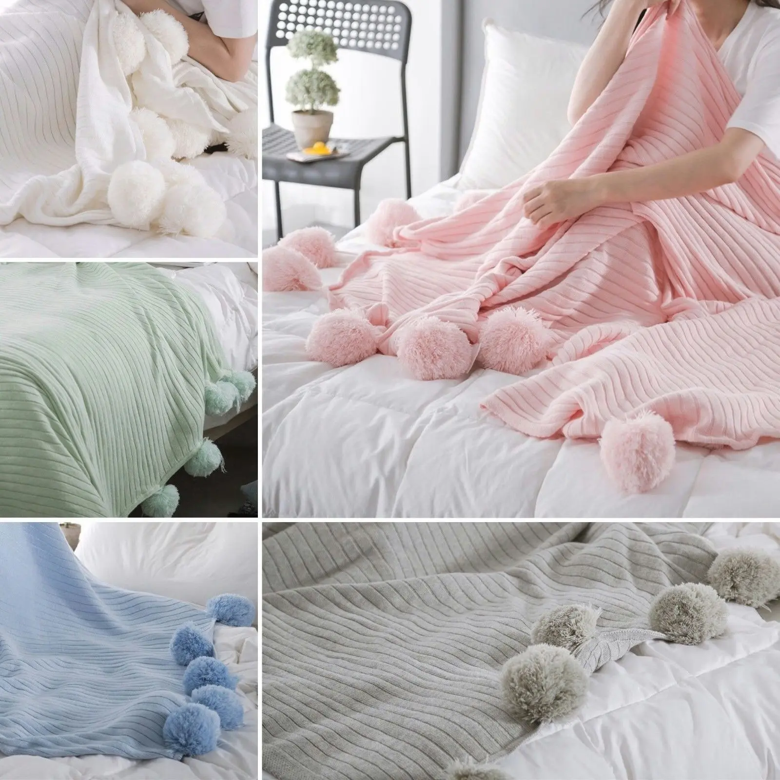 100% Cotton PomPom Knitted Blanket 150x200cm