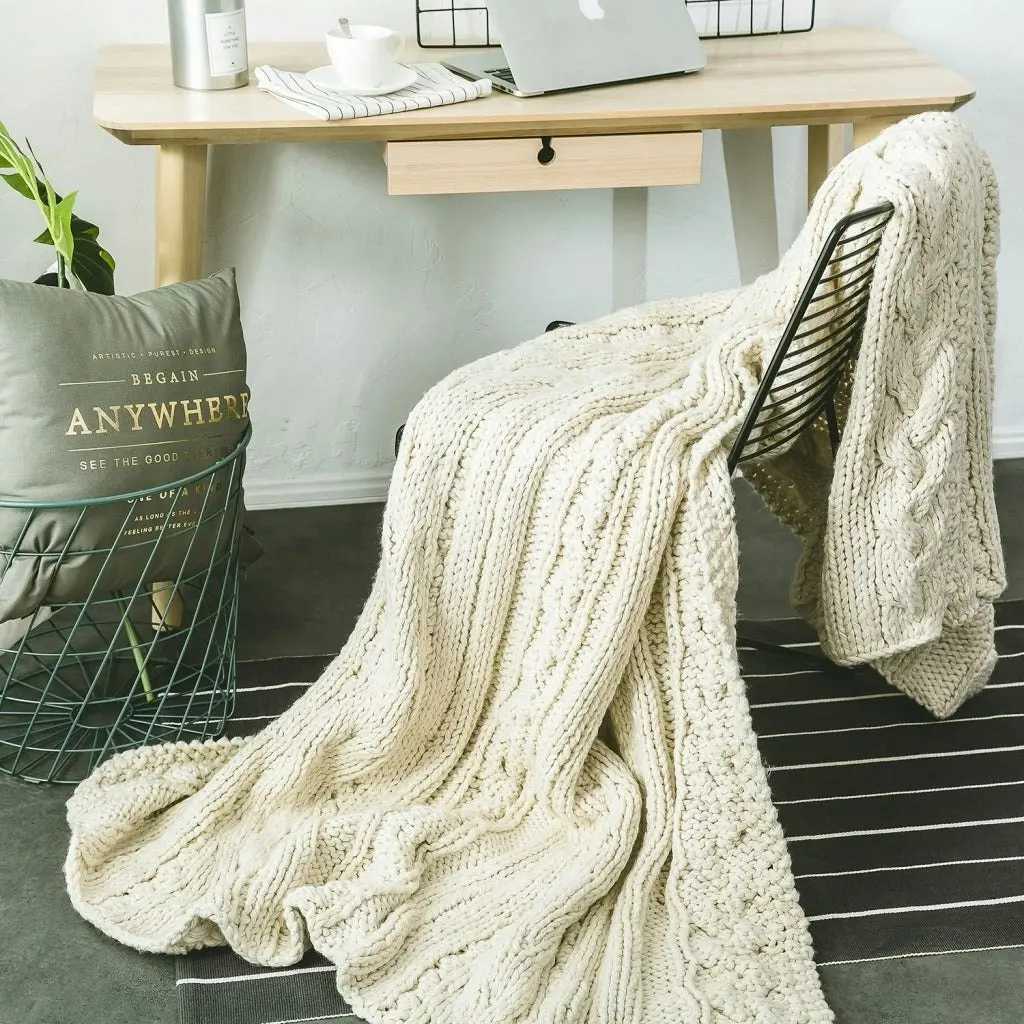 100% Handmade Super Soft Acrylic Knitted Blanket Bedspread Throw Rug Beige