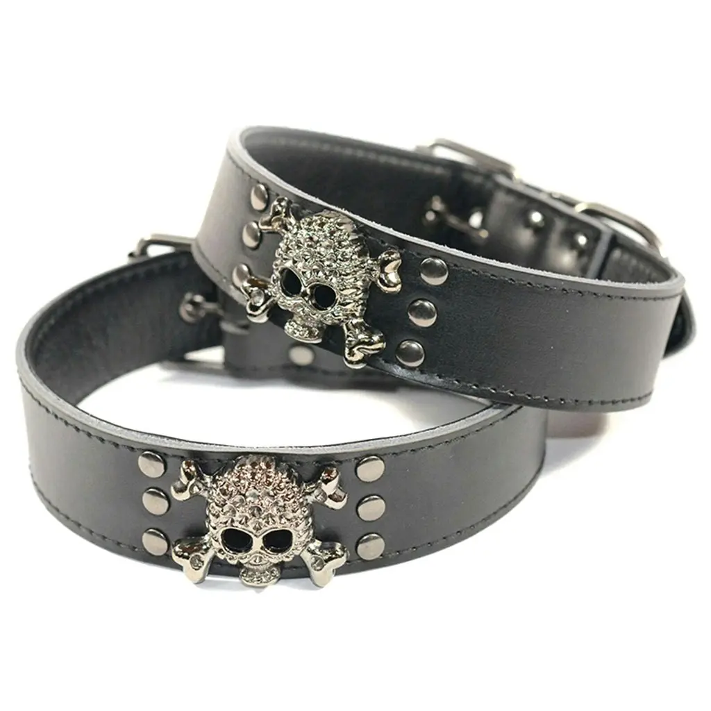 Pet Dog Leather Collar Plain Soft Leather w Skull Charm Adjustable Black S M