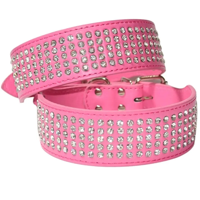 Dog Leather Collar Five Row BlingBling Rhinestones Diamante Collar HotPink S M L