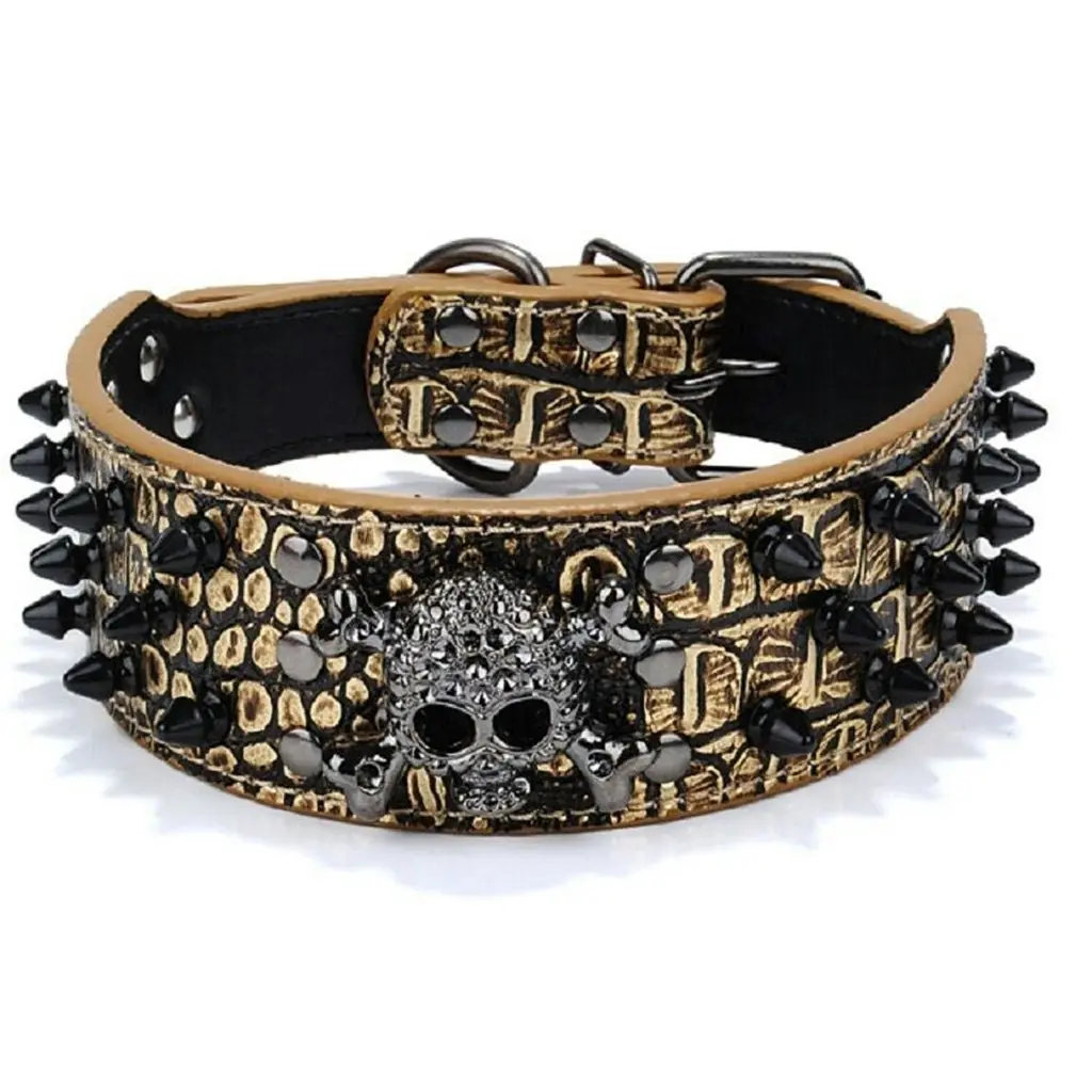 Dog Leather Collar Spiked & Studded Adjustable Dog Collar Skull Charm Brown