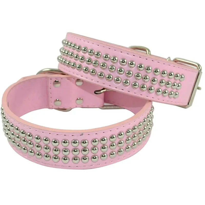 Pet Dog Leather Collar Nickel-Plated Mushroom Studs Dog Collar Pink S M L