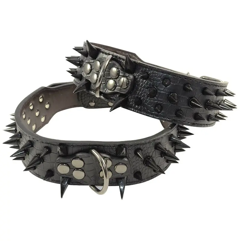 Pet Dog Leather Collar Black Spikes Adjustable Studded Dog Collar Black M L