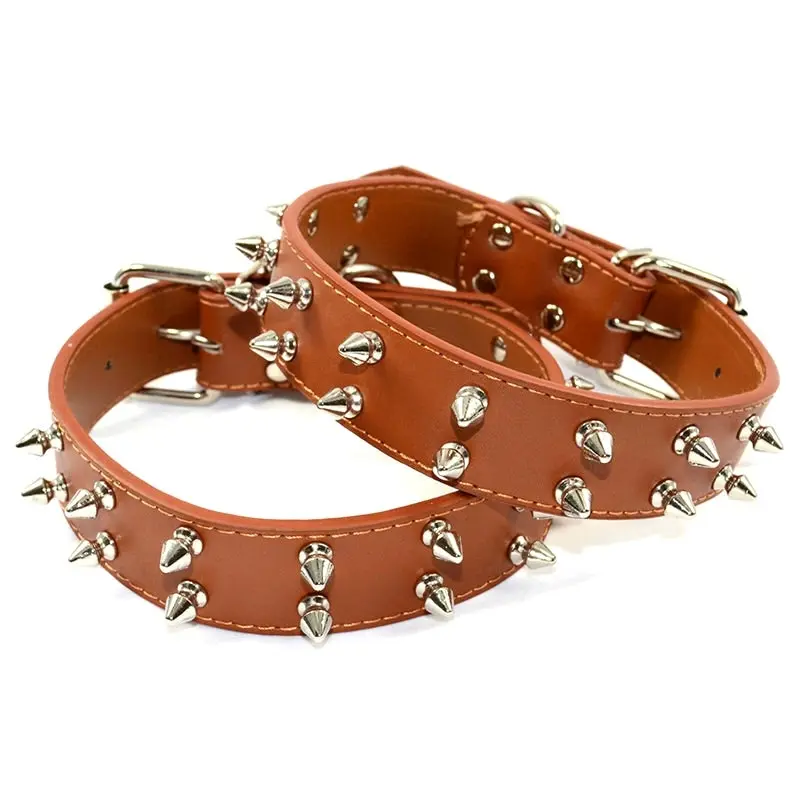 Pet Dog Leather Collar Nickel Plated Non-sharp Spikes Adjustable Dog Collar Brown