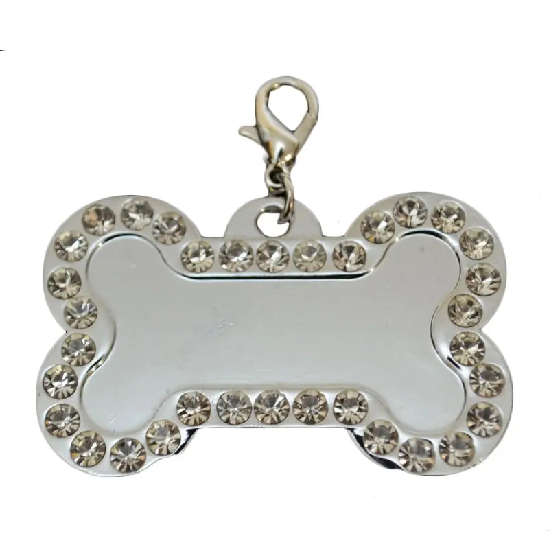 5 x Dog Pet Cat Stainless Charms White Rhinestone Loop Tag Pendants