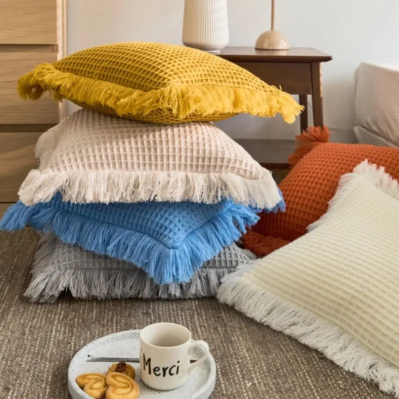 Soft Acrylic Knitted Waffle Cushion Pillow Cover Loose Tassel Edges 45x45cm