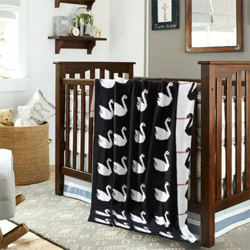 100% Cotton Kids Children Knitted Blanket Reversible Pram Blanket Throw Rug Swan