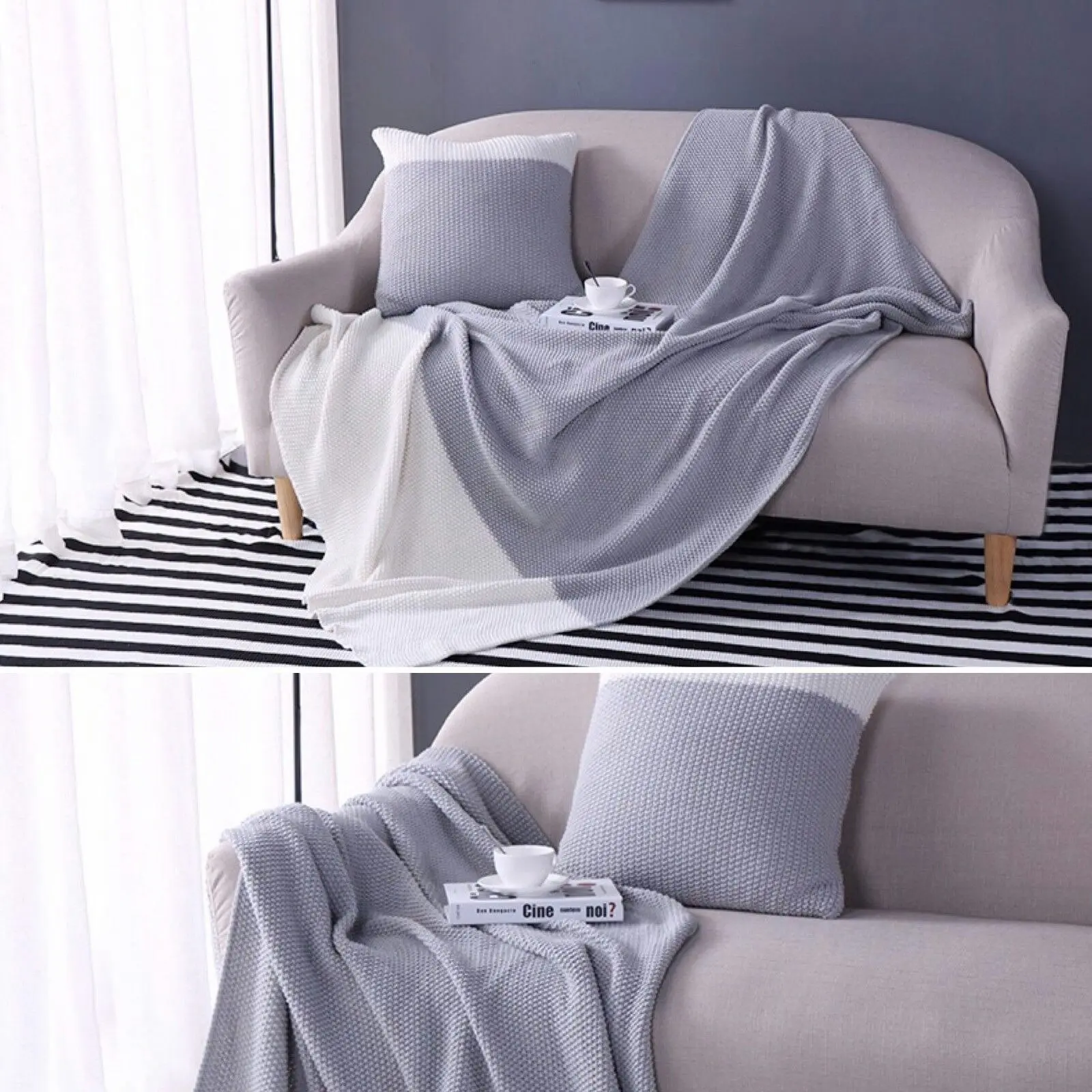 Soft Acrylic Knitted Blanket Throw Rug & Cushion Pillow Grey Beige Colour