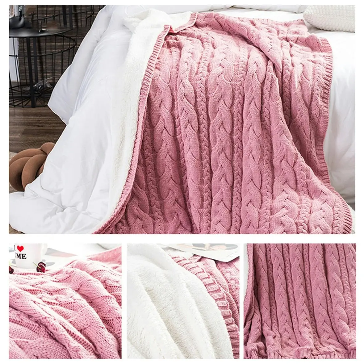 Acrylic Knitted Winter Blanket Sherpa Fleece Warm Plush Throw Rug 130x160cm Pink