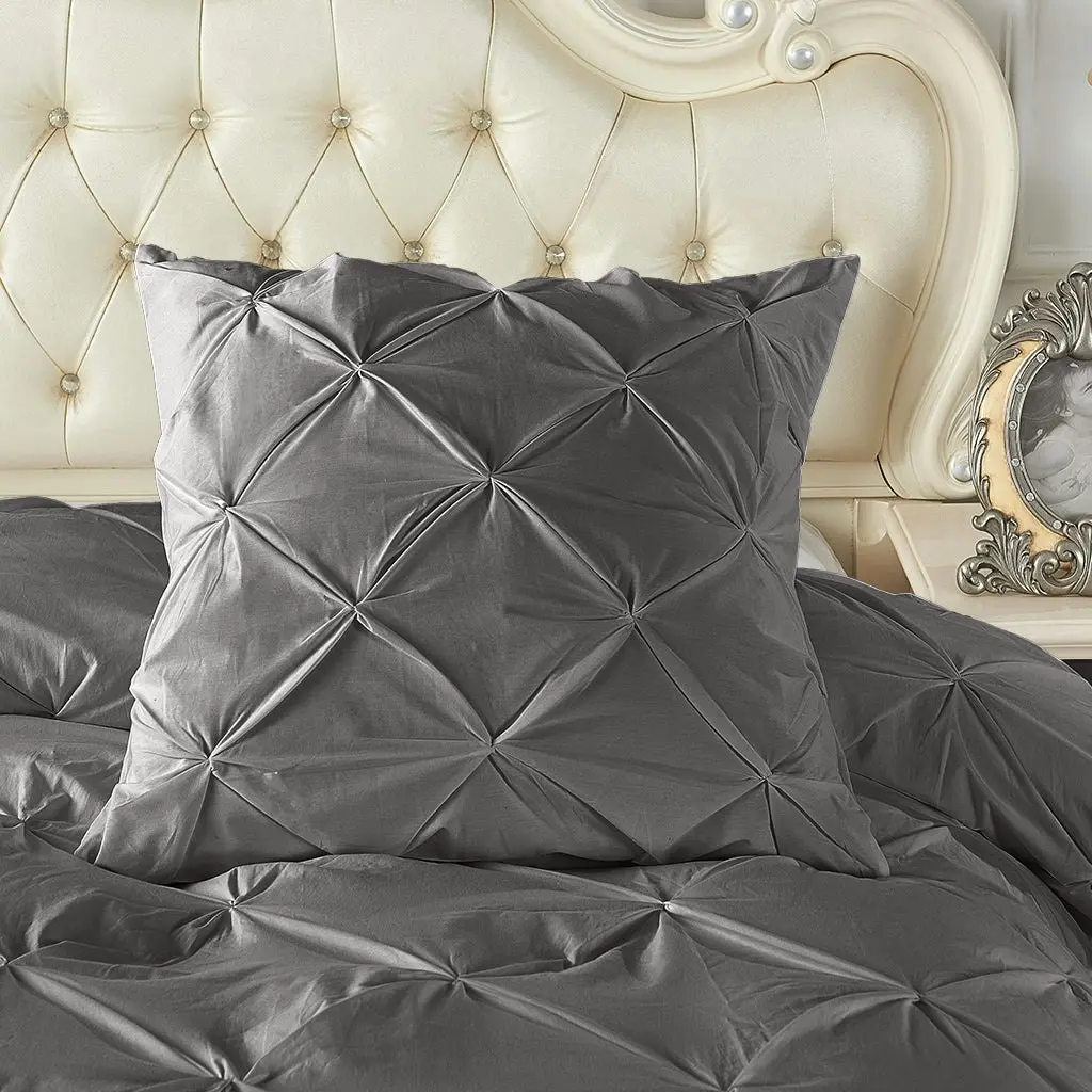 A Pair of 100% Cotton Steel Grey Diamond Pinch Pleated Euro Cushion Covers 65x65cm