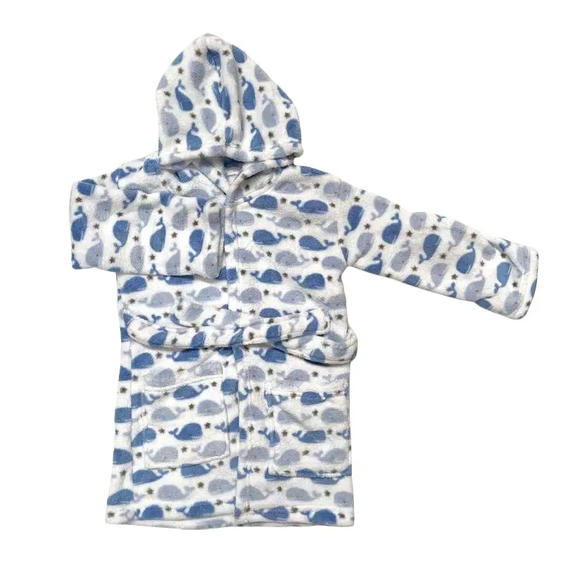 Soft Coral fleece Kids Children Hooded Bath Robe Blue Whale