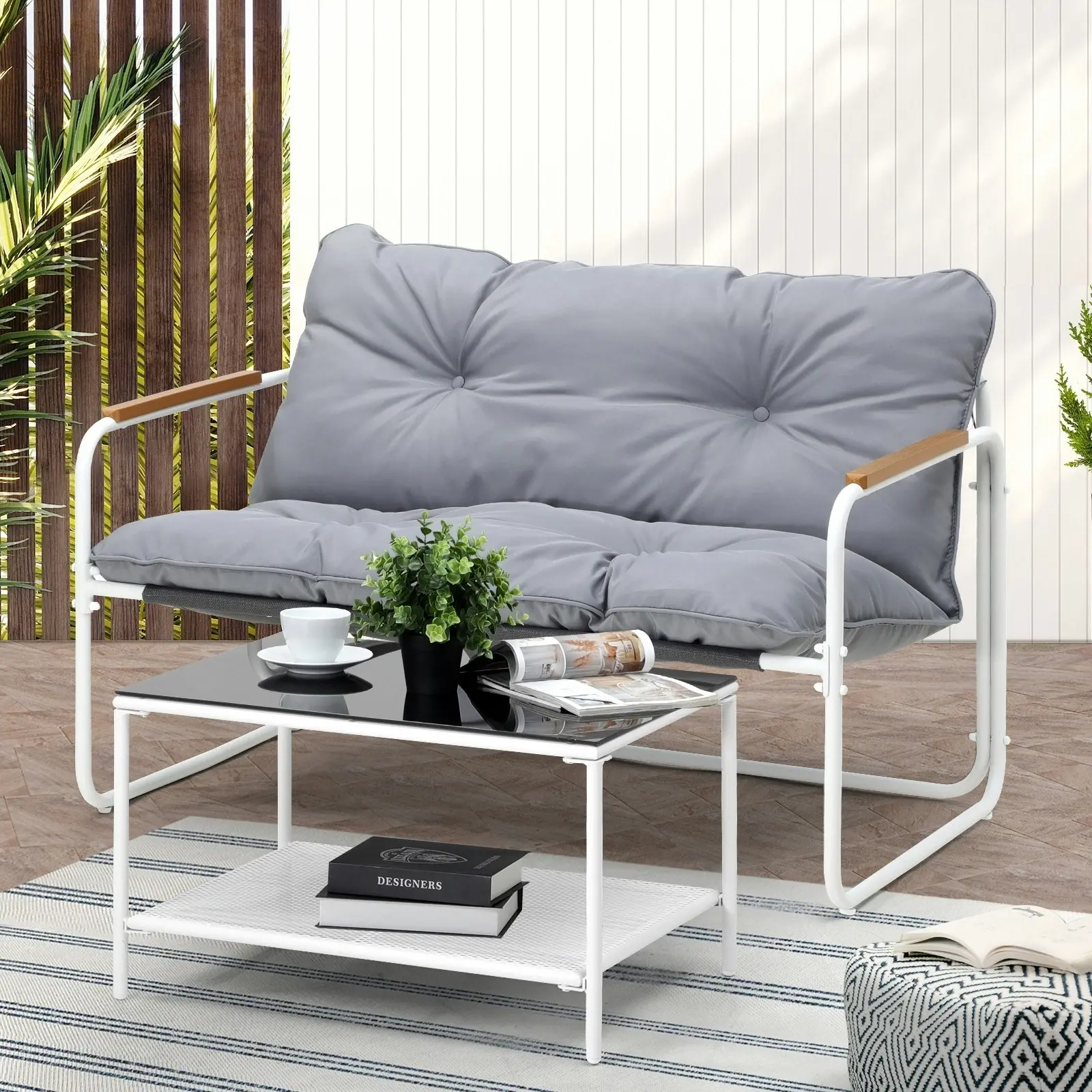 Livsip 2 Seater Outdoor Sofa Set Garden Lounge Setting Patio Furniture White