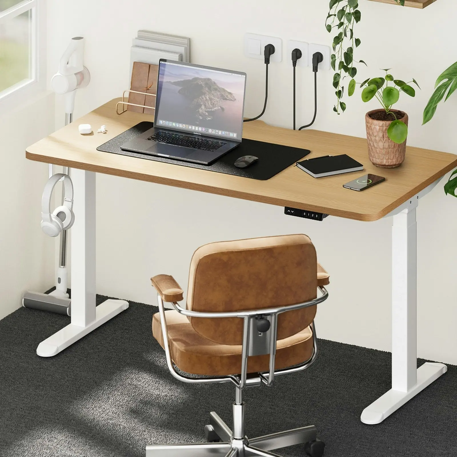 Oikiture Electric Standing Desk With Wireless Charging Dual Motor White Frame 140CM OAK Tabletop