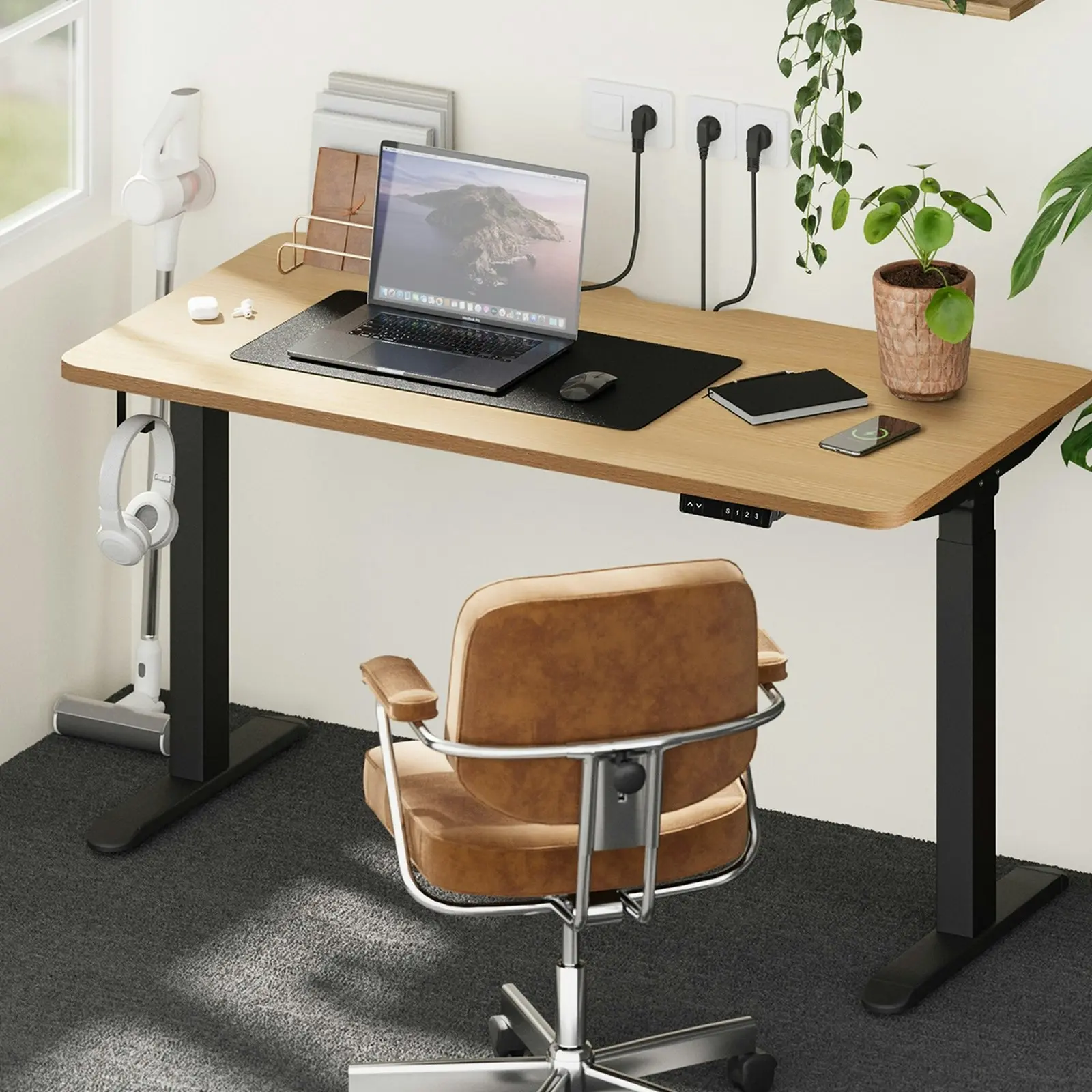 Oikiture Electric Standing Desk With Wireless Charging Dual Motor Black Frame 140CM OAK Tabletop