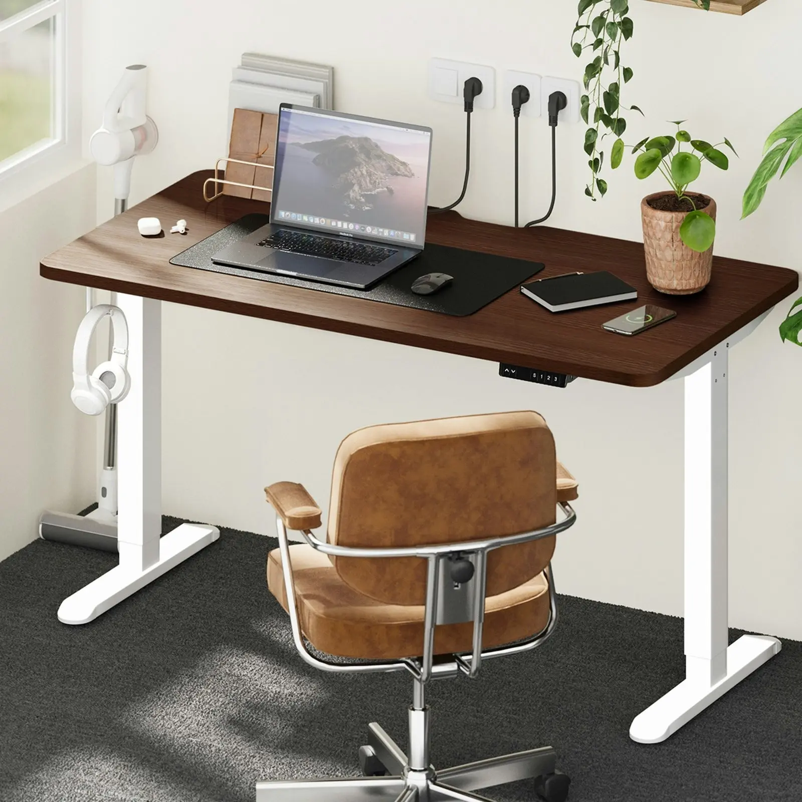 Oikiture Electric Standing Desk With Wireless Charging Single Motor White Frame 140CM Walnut Tabletop