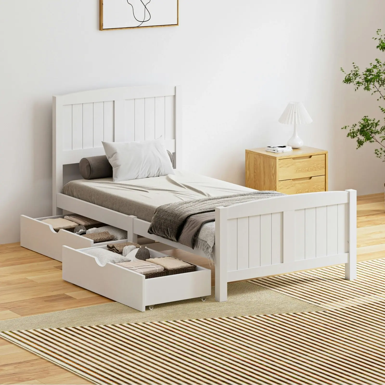 Oikiture Wooden Bed Frame Single Size Base with Trundle Storage Drawers White