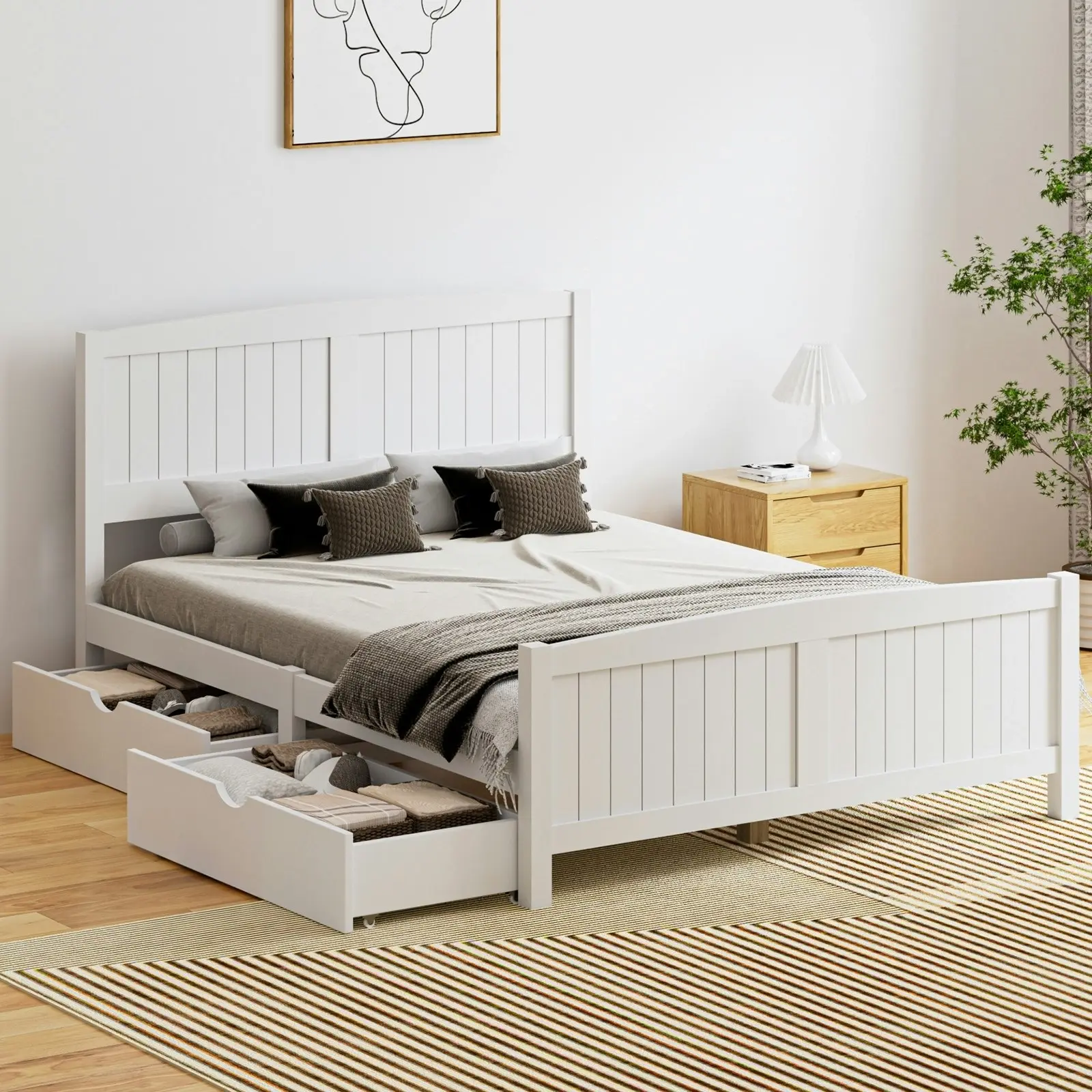 Oikiture Wooden Bed Frame Double Size Base with Trundle Storage Drawers White