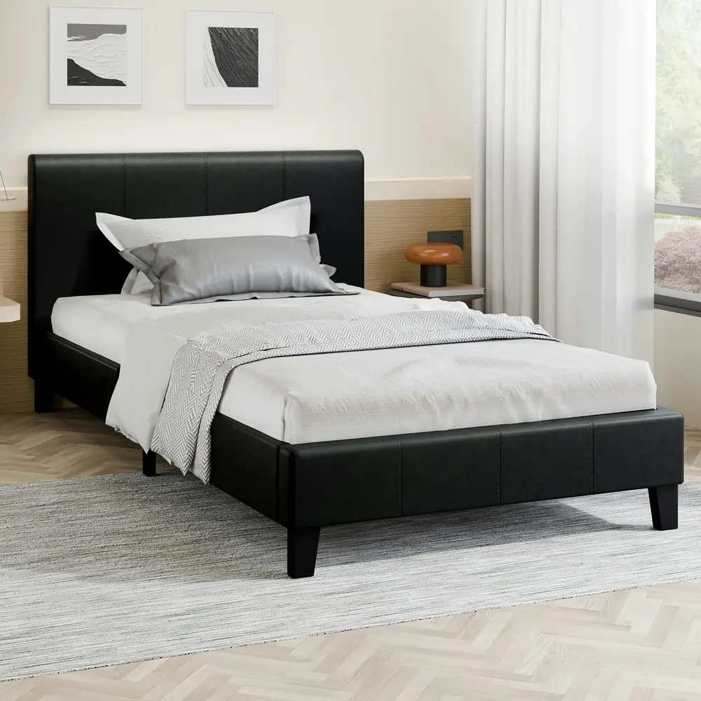 Alfordson Bed Frame Single Size Mattress Base Wooden Platform Leather Black