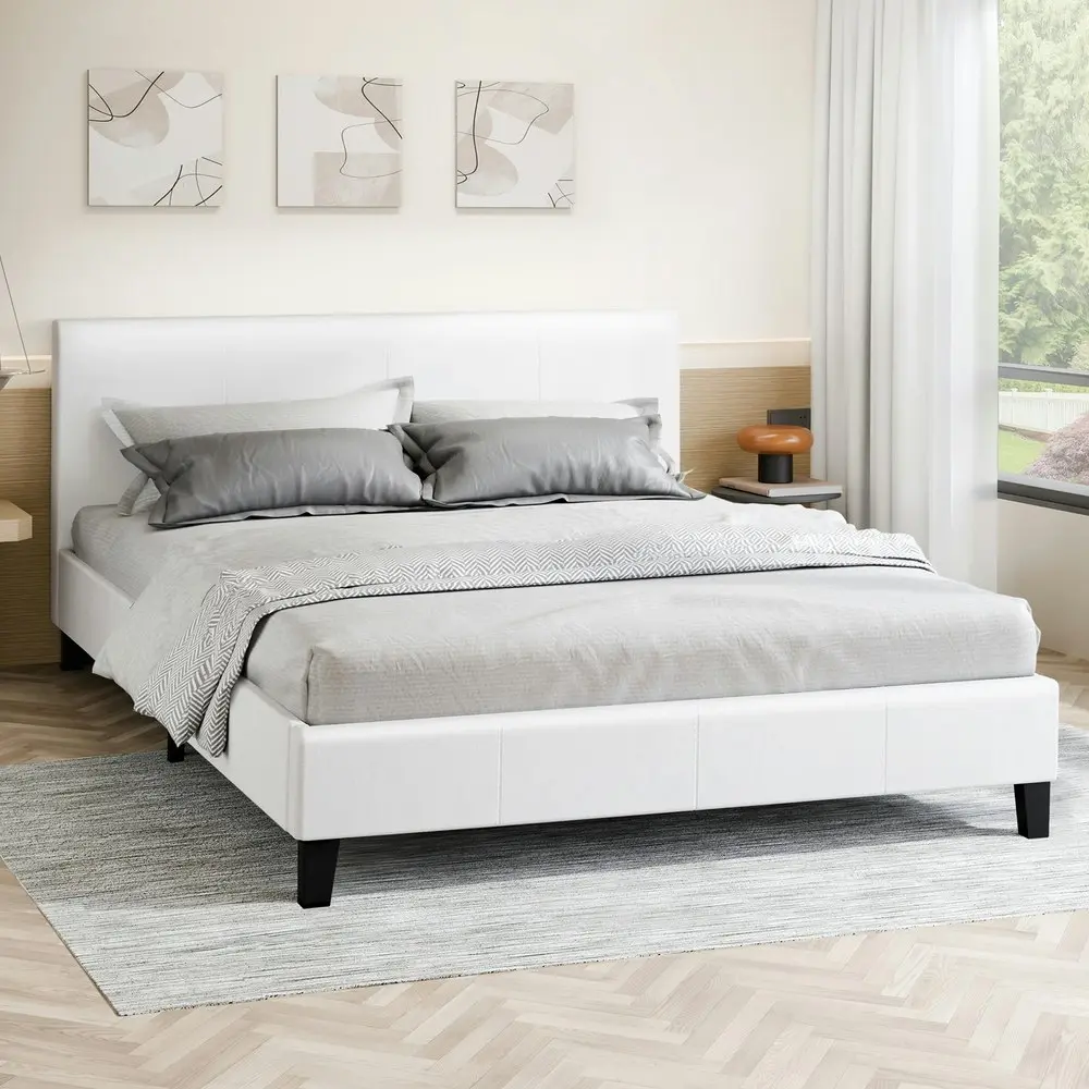 Alfordson Bed Frame Queen Size Mattress Base Wooden Platform Leather White