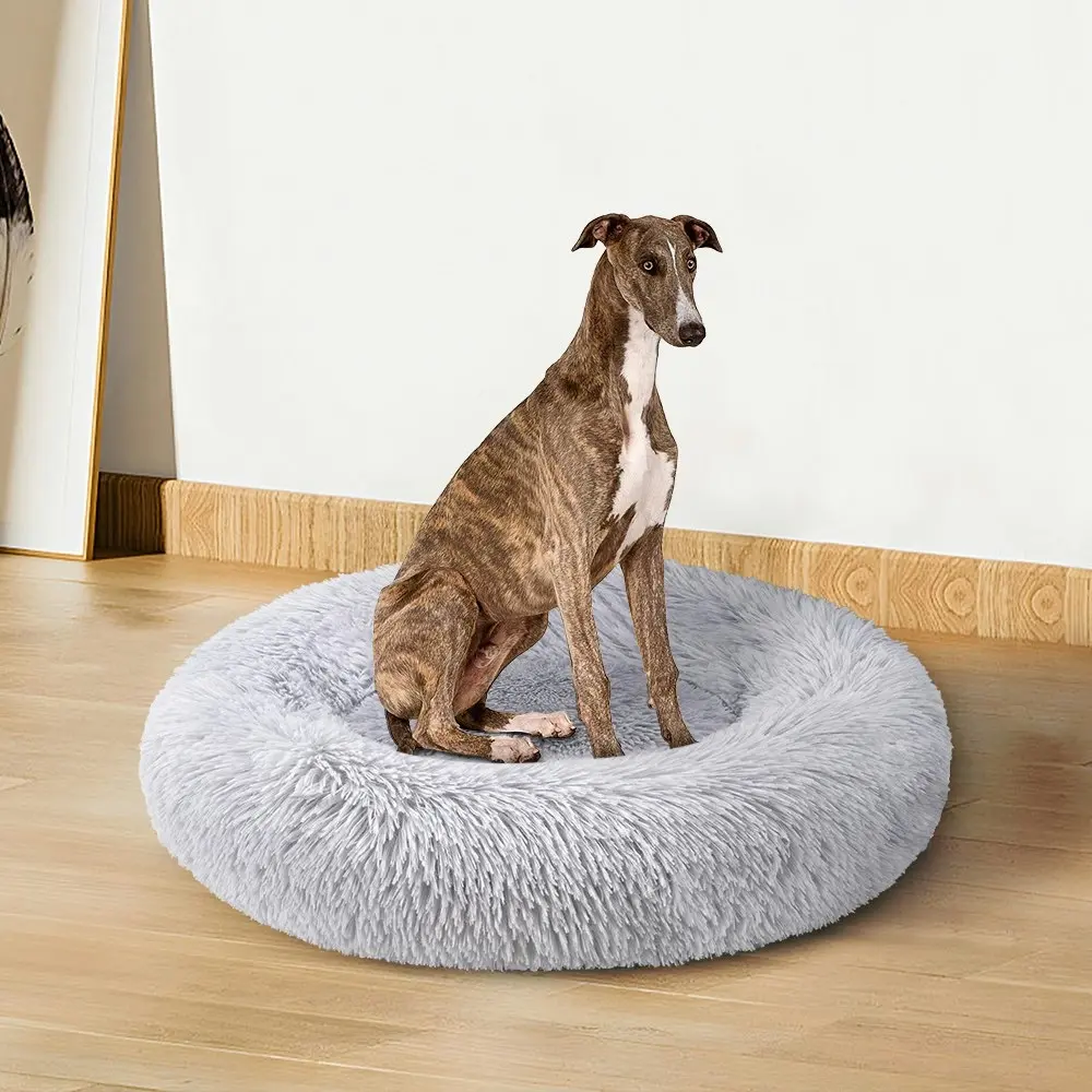 Petzly Dog Cat Calming Bed Warm Soft Plush Round Waterproof 120CM Bed Light Grey