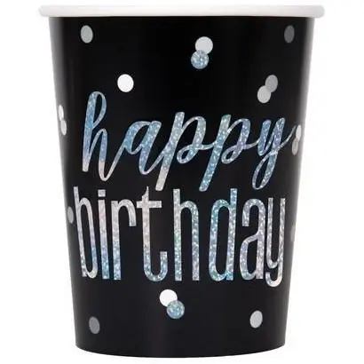 Black & Silver Happy Birthday Prismatic Paper Cups