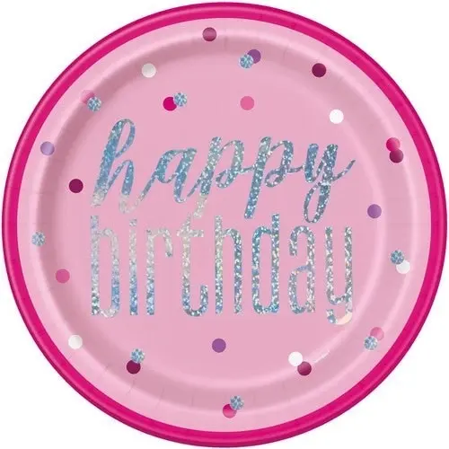 Pink Happy Birthday Prismatic Paper Plates