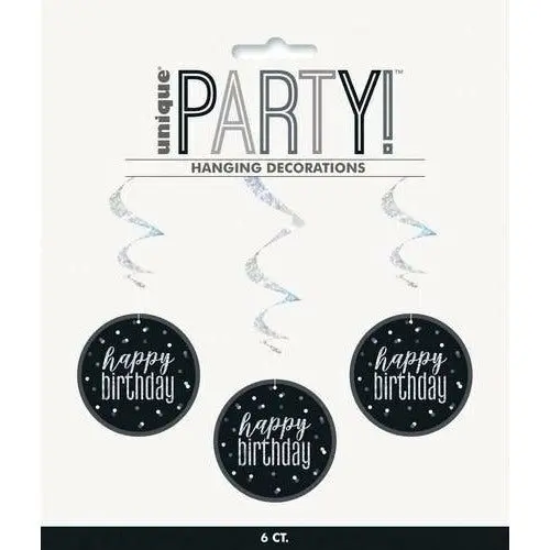 Happy Birthday Hanging Swirl Decorations - Black & Silver