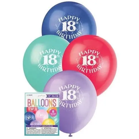 Happy 18th Birthday Latex Balloons Assorted Colours 30cm 8Pk