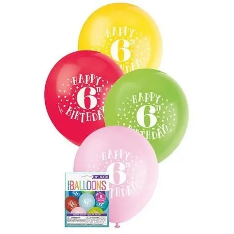 Happy 6th Birthday 8 x 30cm Balloons Assorted Colours