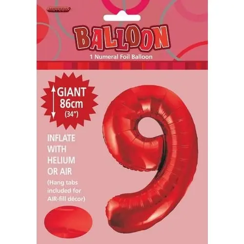 Red 9 Numeral Foil Balloon 86cm